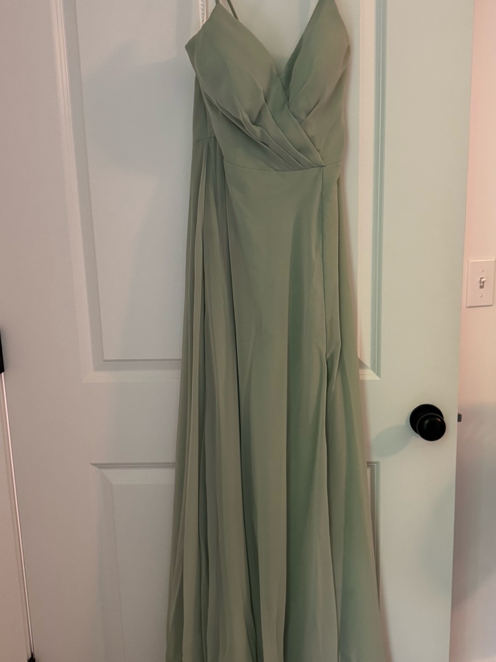 Azazie Everleigh Sage Green Bridesmaid Dress with High Slit + Garment Bag - Picture 3 of 11